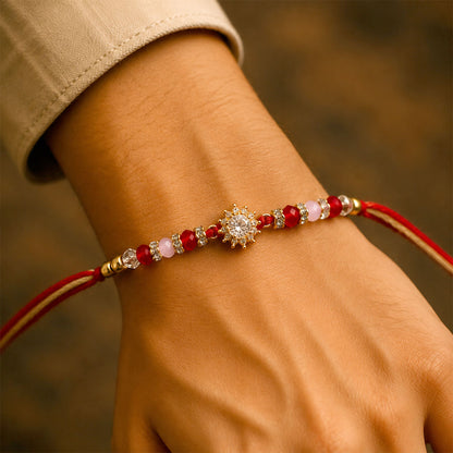 Pink & Red Crystal Sunflower AD Stone Designer Rakhi for Brother Gift
