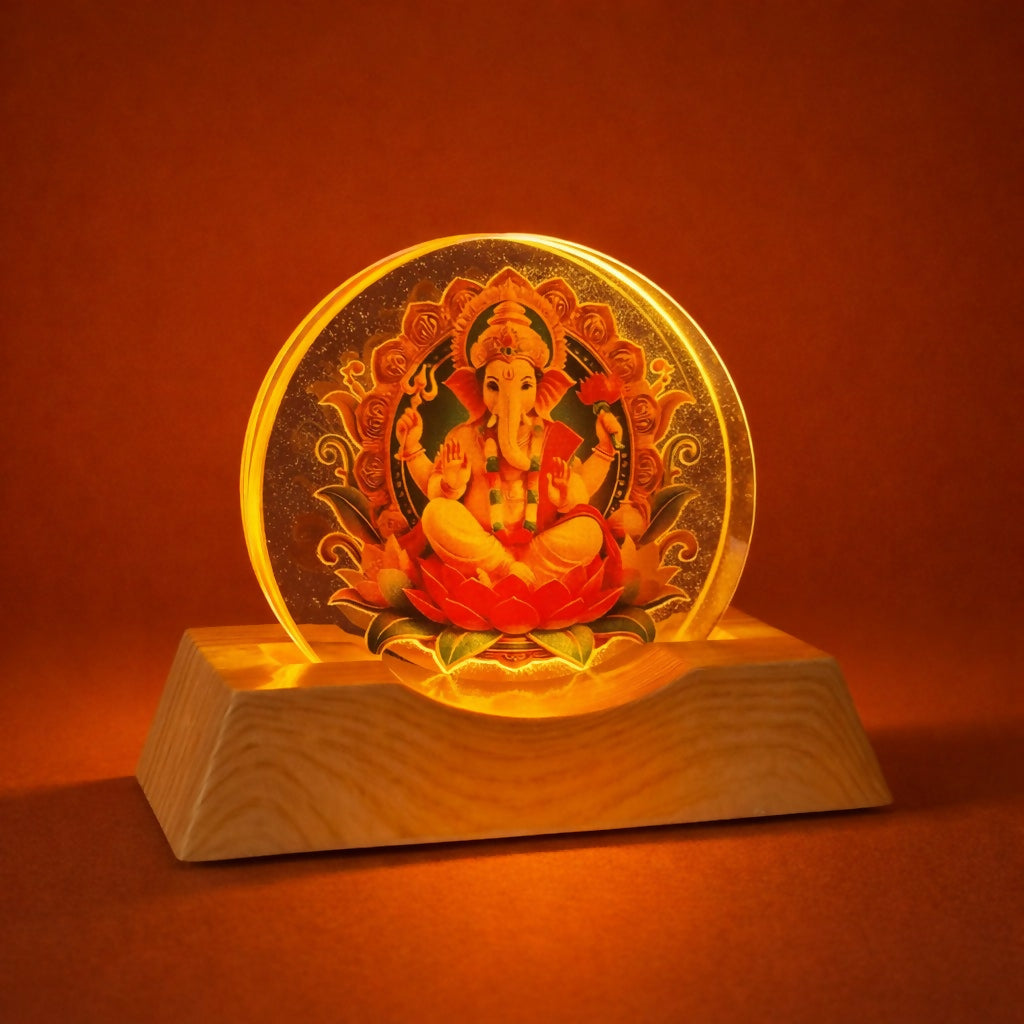 LED Lord Ganesha Acrylic Lamp with Wooden Base Spiritual Decor