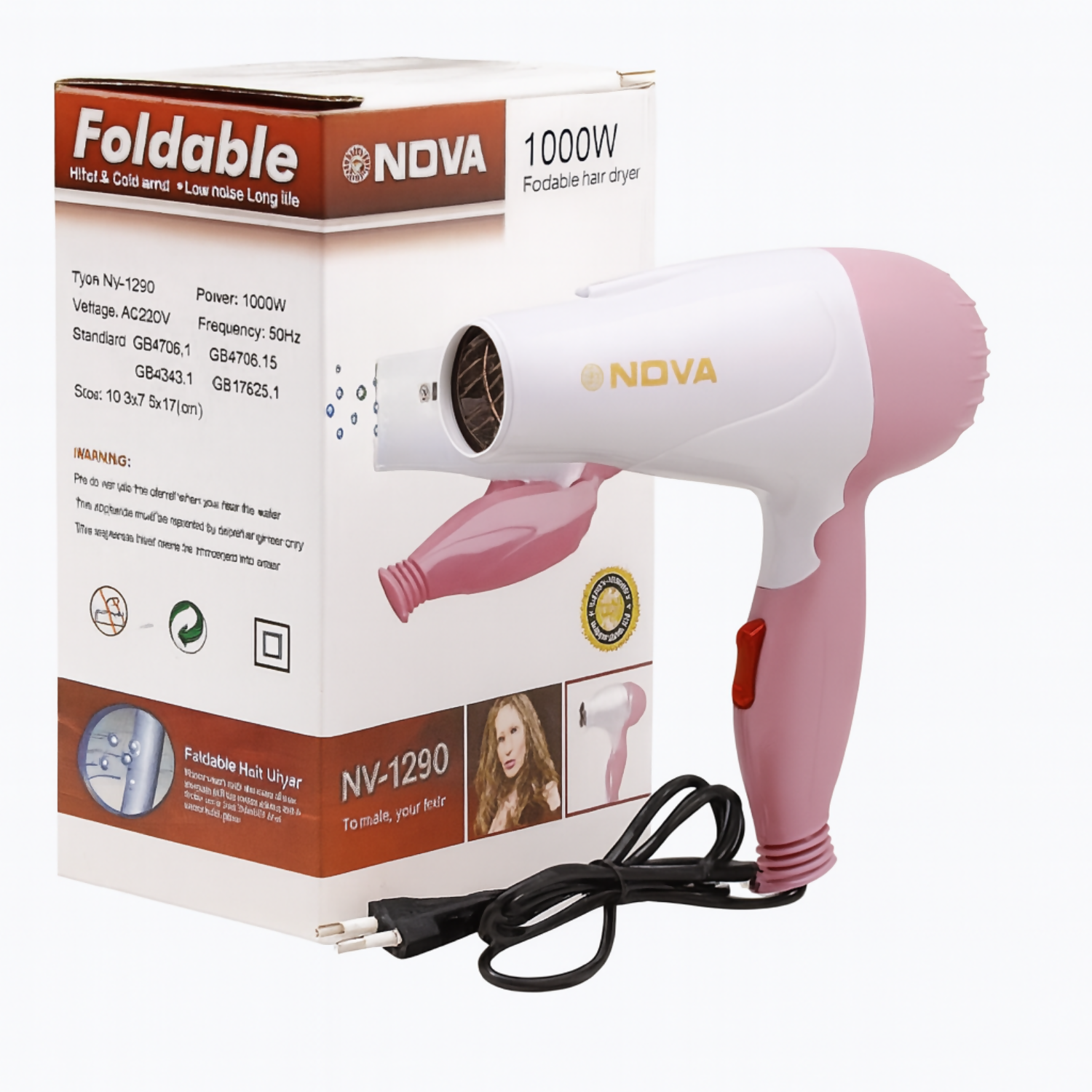 Nova 1000W Foldable Hair Dryer with Hot & Cold Air – Compact Travel Dryer