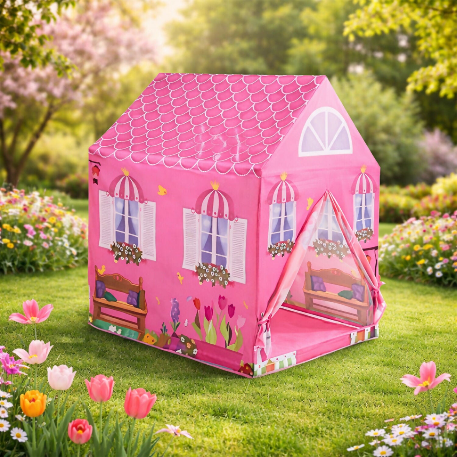 Pink Foldable Kids Play Tent House with Printed Home Design for Indoor & Outdoor Fun