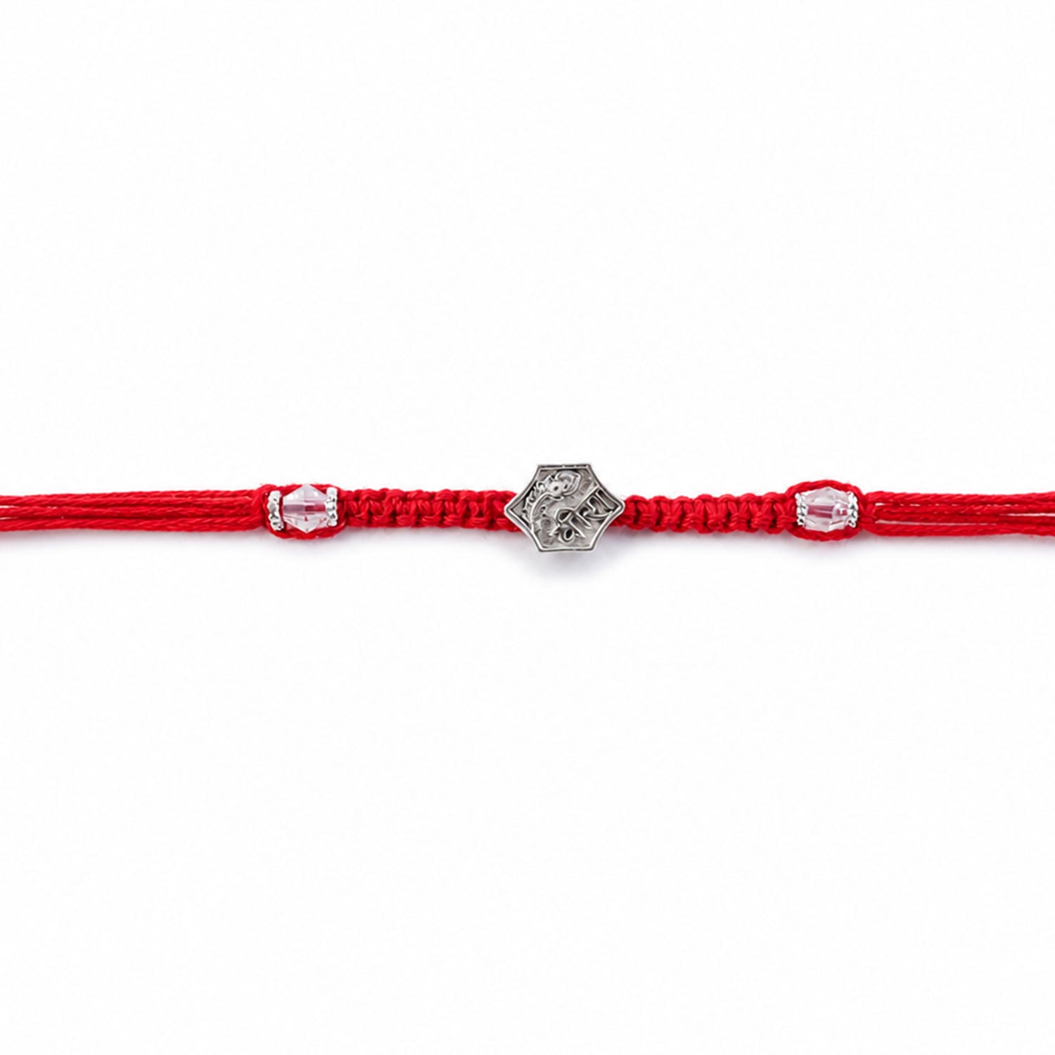 Red Thread Rakhi with Engraved Silver Shield-Shaped Charm Pendant