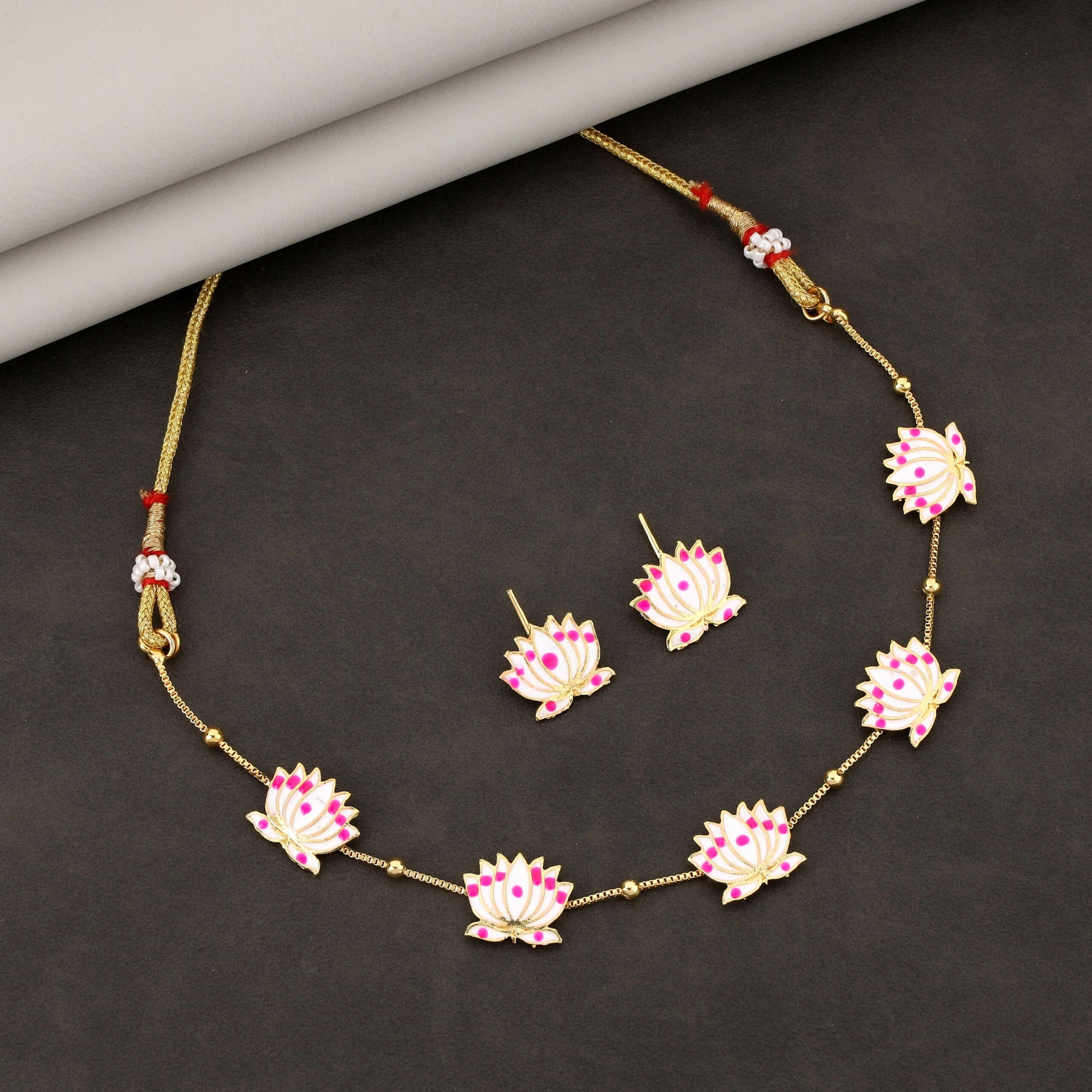 Delicate Lotus Design Necklace Set with Pink and White Enamel