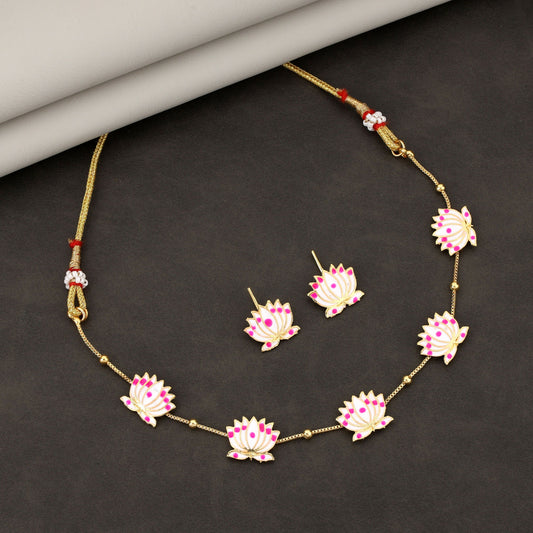 Delicate Lotus Design Necklace Set with Pink and White Enamel