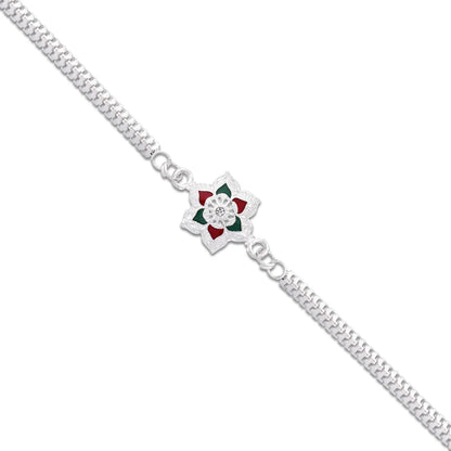 Stylish Silver Flower Rakhi for Raksha Bandhan, showcasing its adjustable thread.