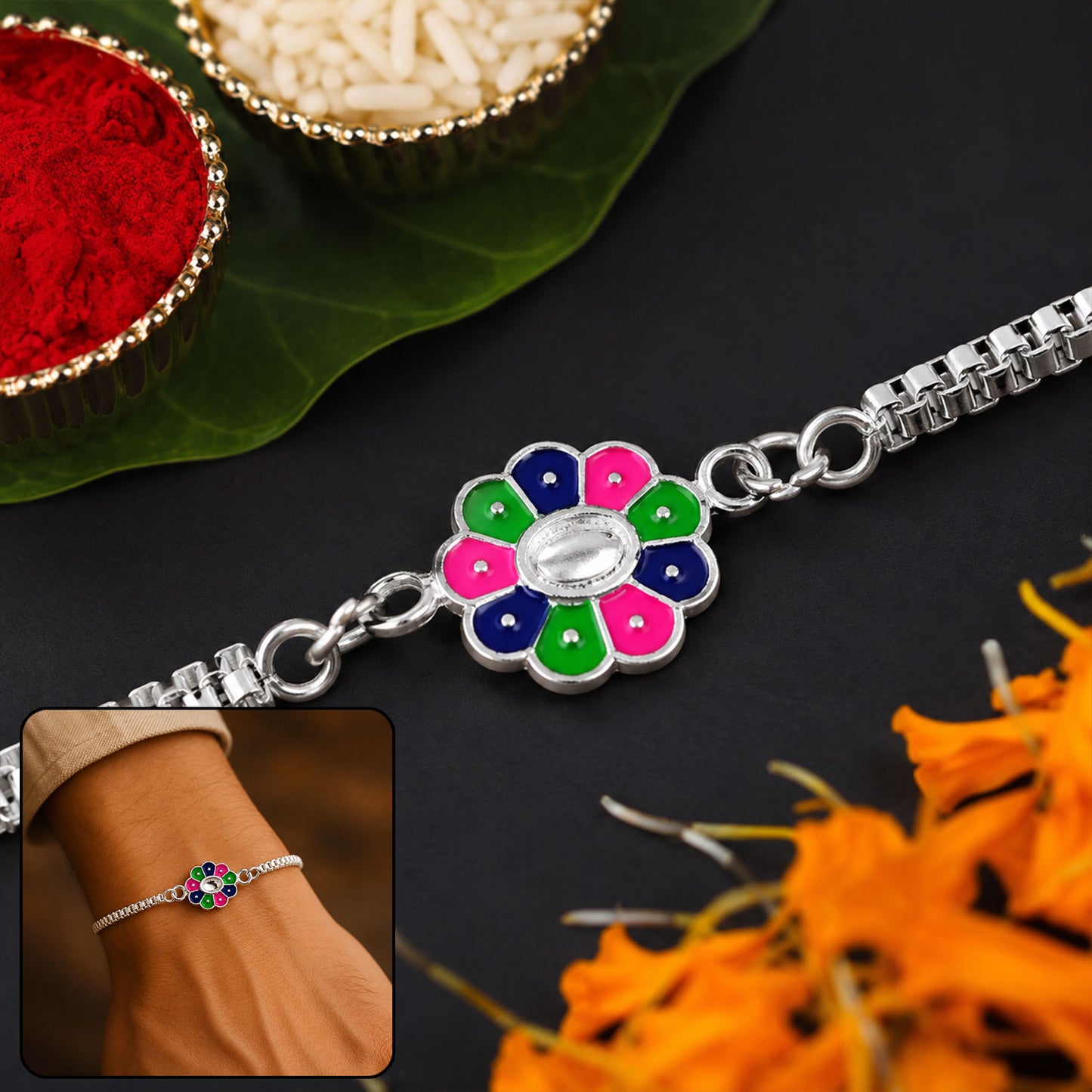 Floral Chain Bracelet Rakhi with Enamel Work for Rakshabandhan