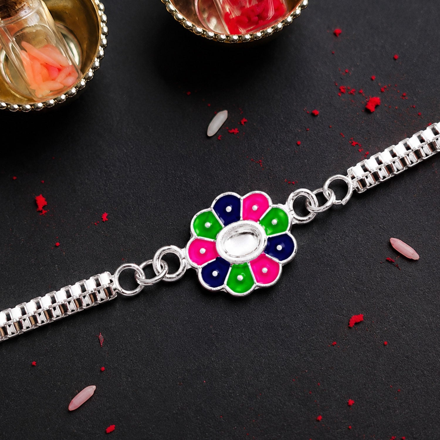 Floral Chain Bracelet Rakhi with Enamel Work for Rakshabandhan
