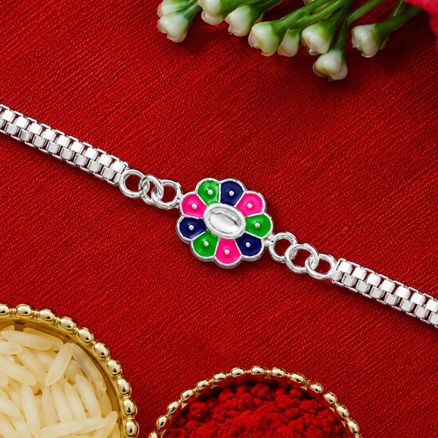 Floral Chain Bracelet Rakhi with Enamel Work for Rakshabandhan