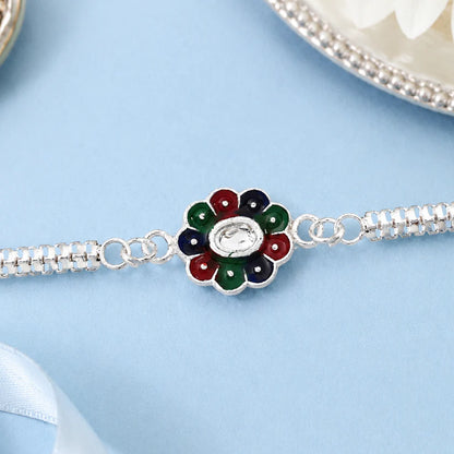 Colorful Petal Rakhi on Silver Chain, Elegant Raksha Bandhan Gift side angle for festive gifting