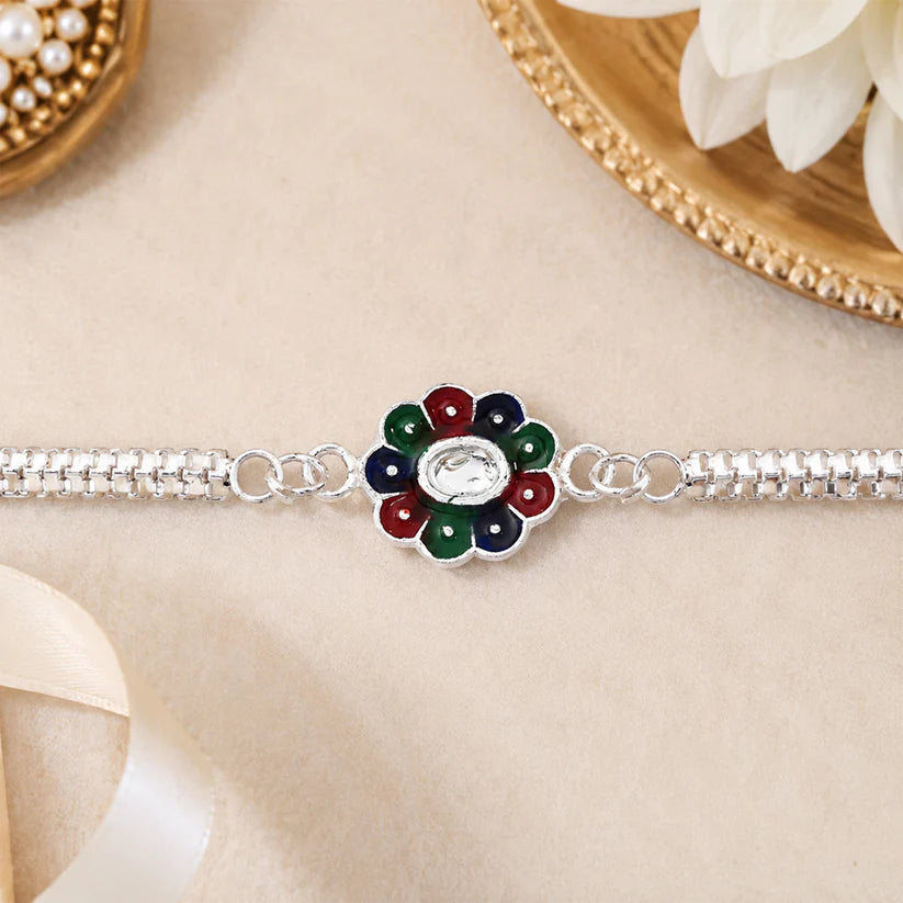 Colorful Petal Rakhi on Silver Chain, Elegant Raksha Bandhan Gift front view for festive gifting