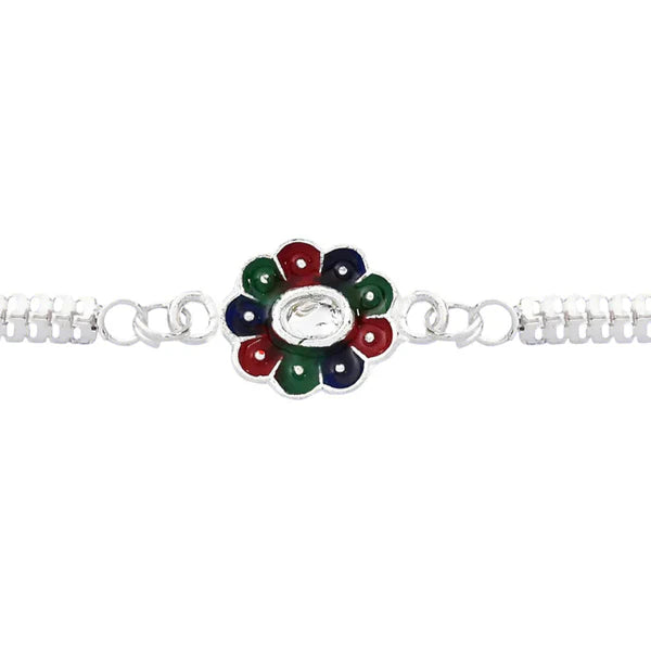 Packaging of Colorful Petal Rakhi on silver chain.