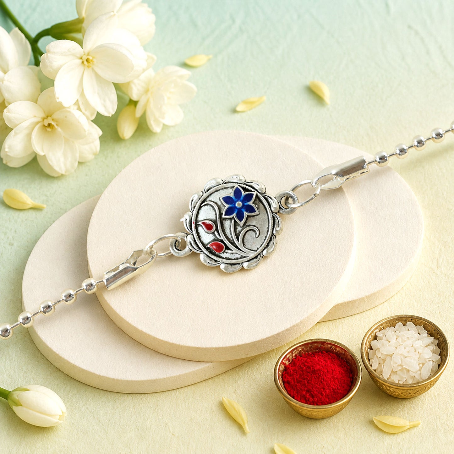 Designer Flower Motif Carved Round Silver Chain Designer Rakhi