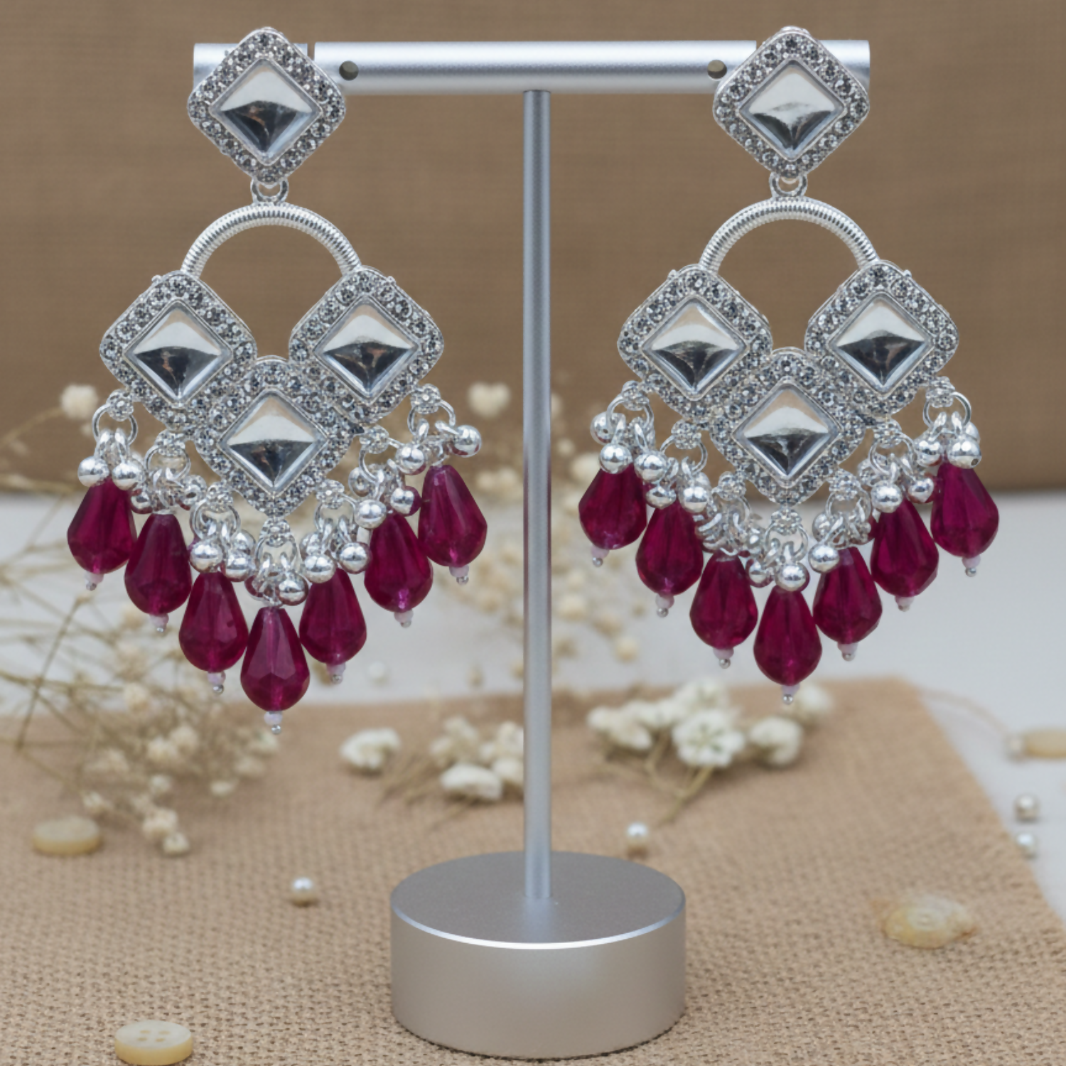 Elegant Silver Plated Chandelier Earrings Featuring Square Crystals and Dark Pink Teardrop Beads