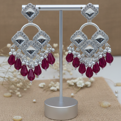 Elegant Silver Plated Chandelier Earrings Featuring Square Crystals and Dark Pink Teardrop Beads