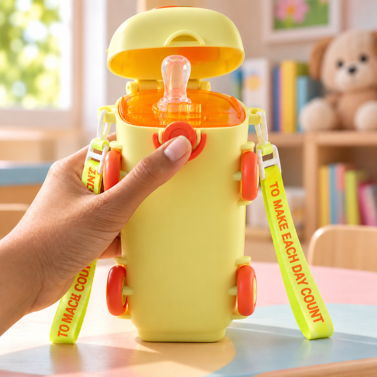 Bus Shape Water Bottle with Straw, Flip Lid and Shoulder Strap (1 Pc)
