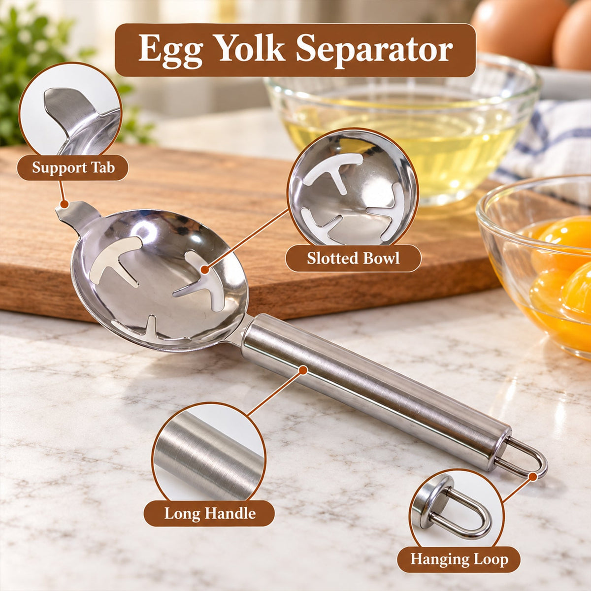 Stainless Steel Egg Yolk Separator with Long Handle for Baking Use (1 Pc)