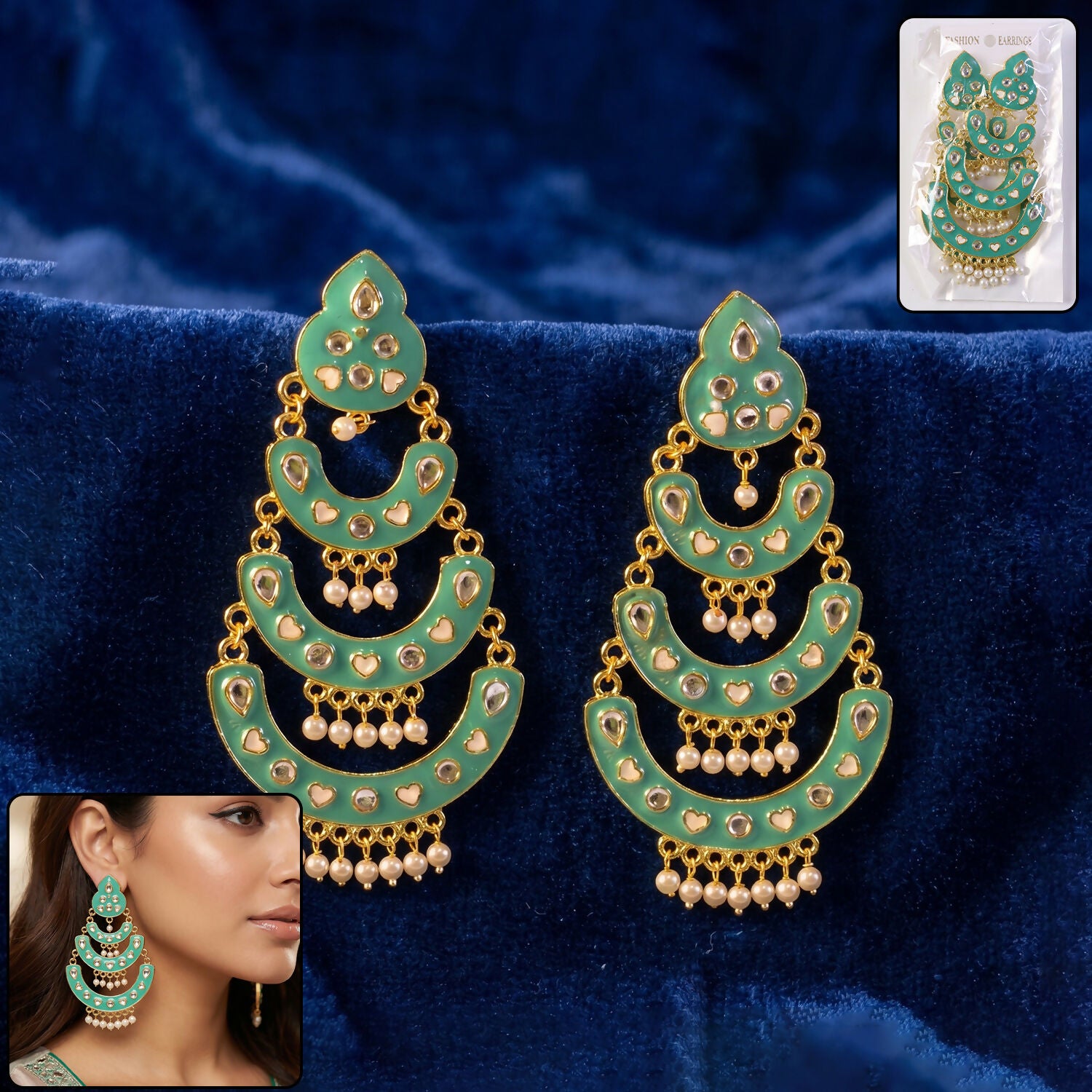 Grand Sea Pista Layered Chandbali Earrings with Pearl Drops