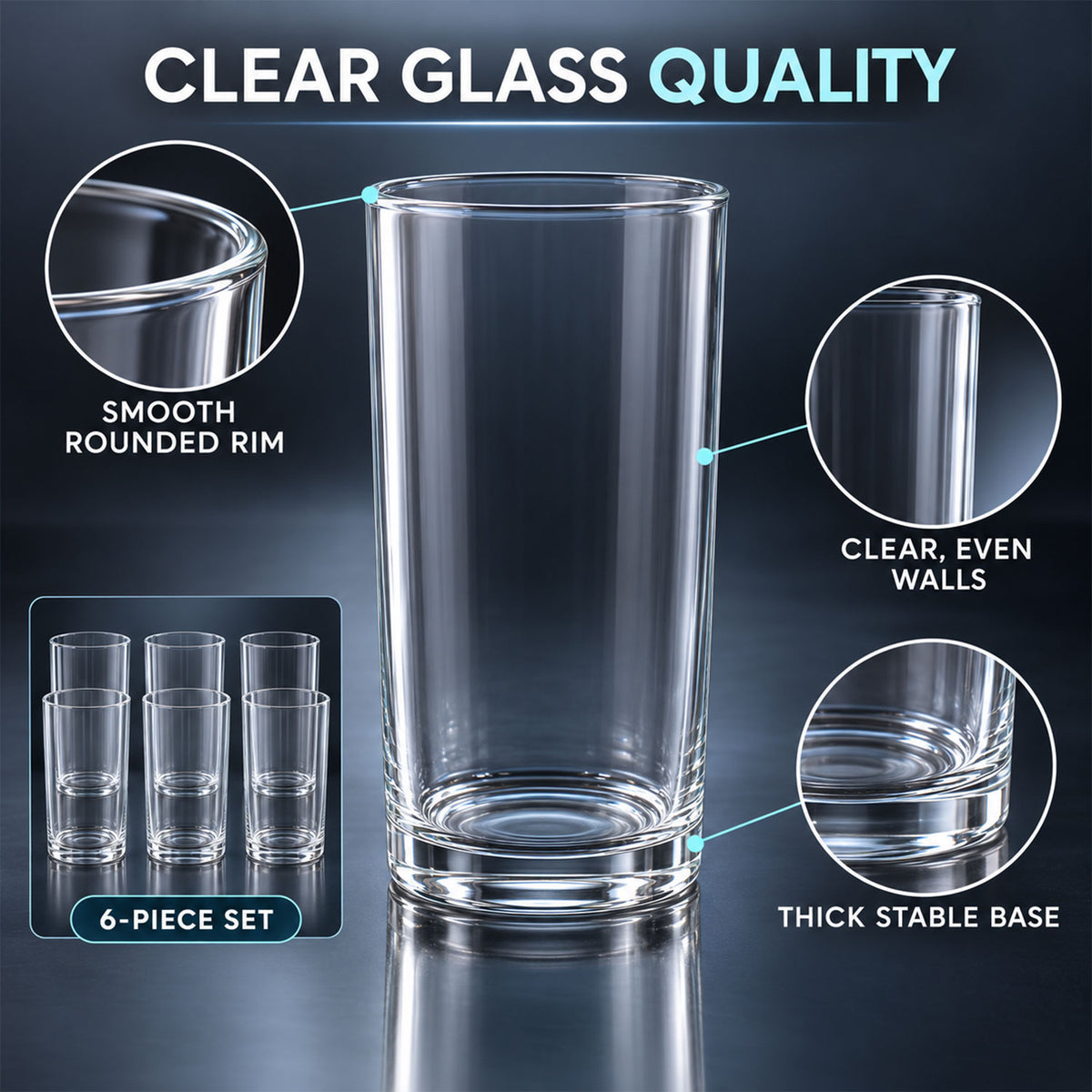 Clear Drinking Glass Tumblers with Smooth Rims and Thick Bases (240 ml, 6 Pc)