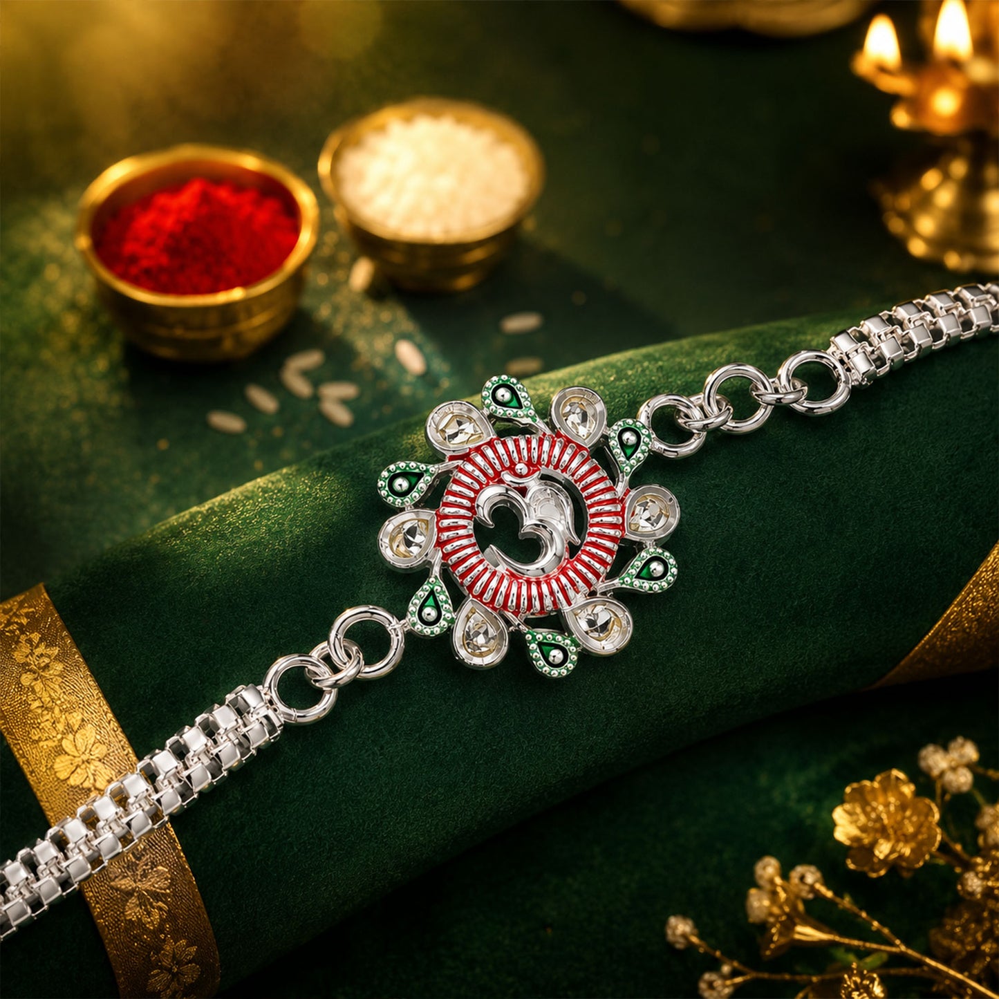 Floral Om Rakhi – Elegant Design for Brothers, Pink-Green Accents