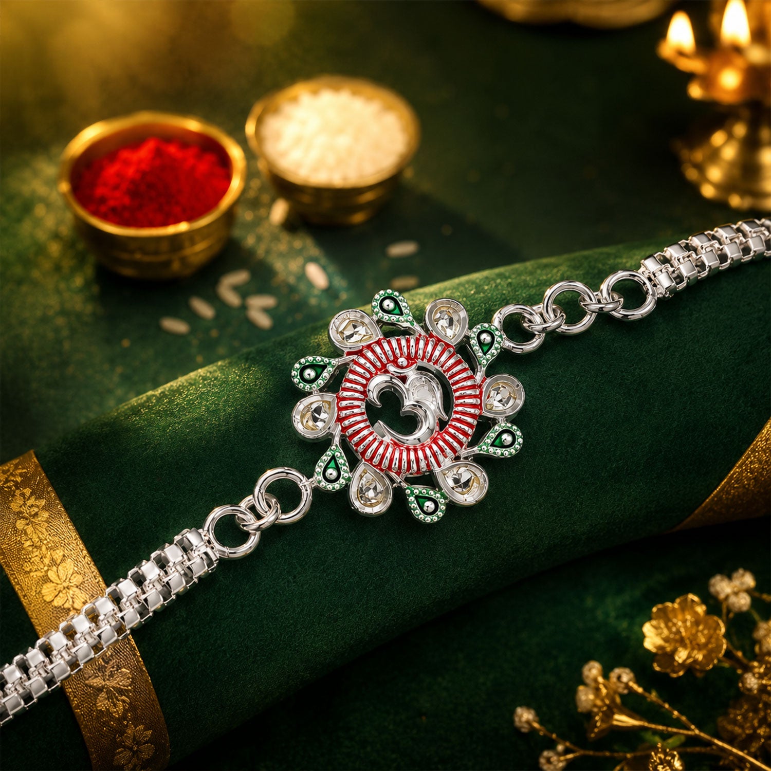 Floral Om Rakhi – Elegant Design for Brothers, Pink-Green Accents