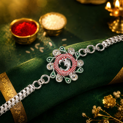 Floral Om Rakhi – Elegant Design for Brothers, Pink-Green Accents