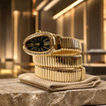 Gold Oval Snake Style Bracelet Watch with Black Dial and Crystal Border Design