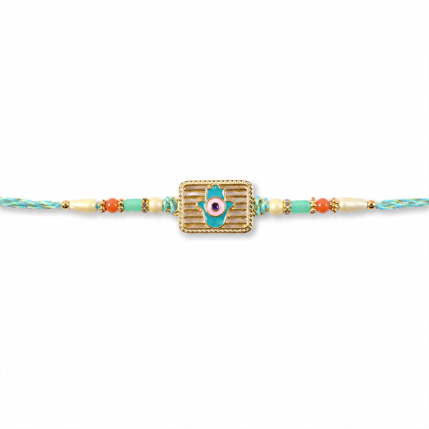 Evil Eye Square Charm Rakhi with Turquoise Beads and Modern Festive Gift Style Ideas