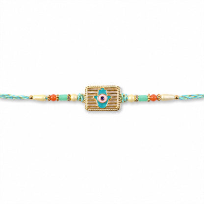 Evil Eye Square Charm Rakhi with Turquoise Beads and Modern Festive Gift Style Ideas