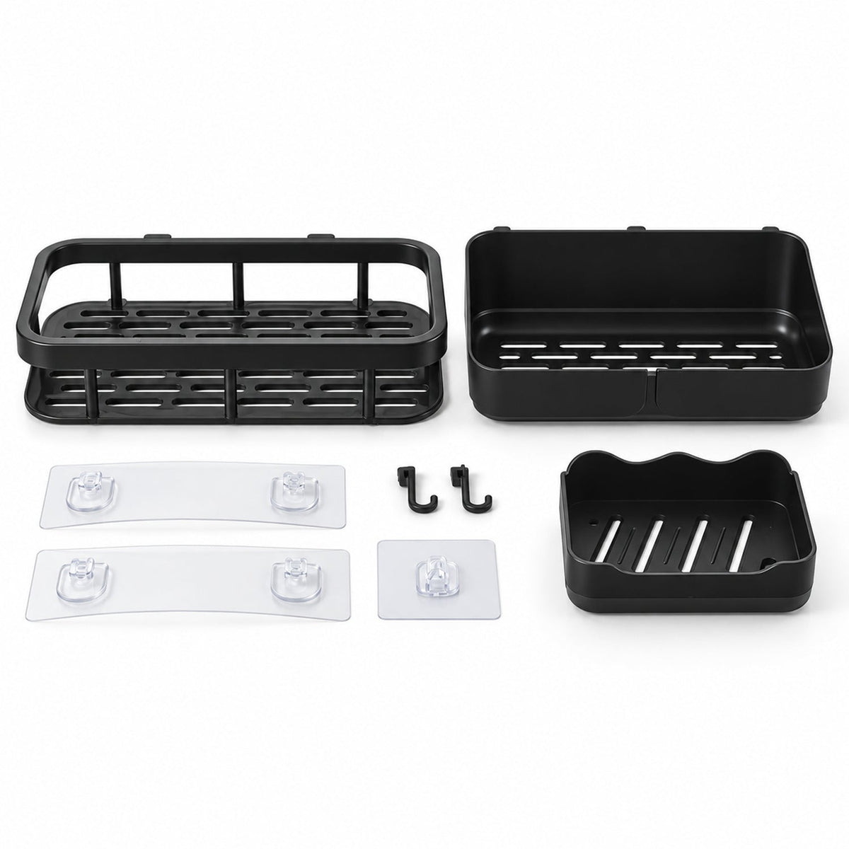 A disassembled set of three black plastic shower caddies, hooks, and adhesive mounts on a white surface.