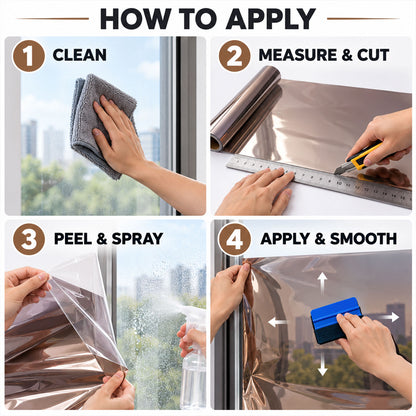 Four-panel guide demonstrating how to apply window film: clean, measure, peel and spray, then apply and smooth.