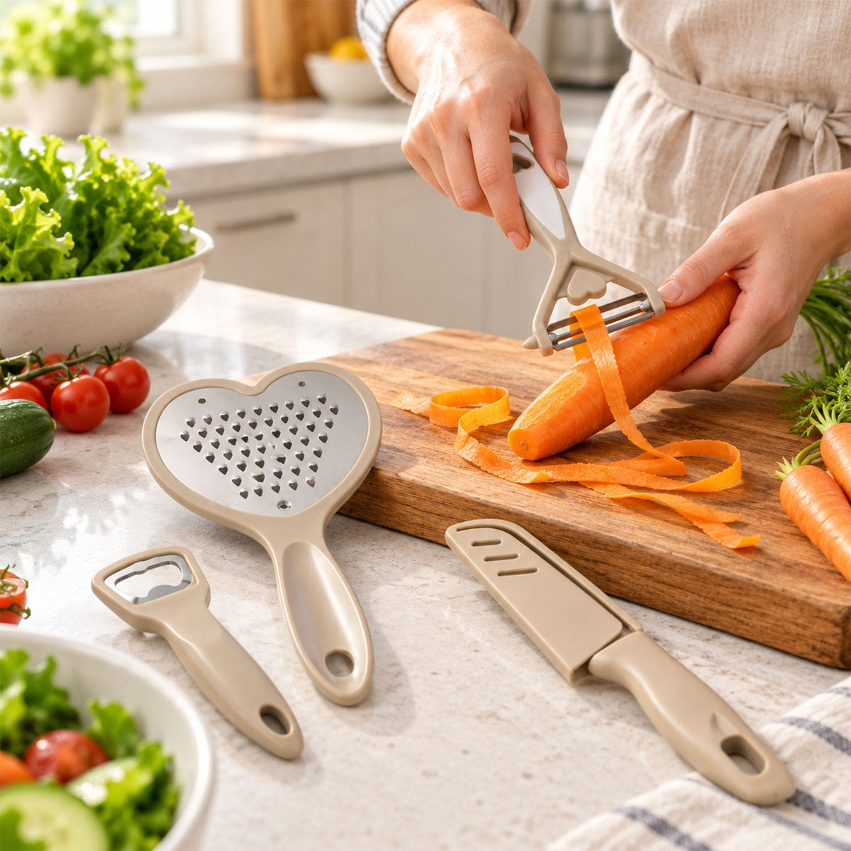 A person peels a carrot over a wooden cutting board, with the grater, bottle opener, and knife nearby. A bowl of fresh salad