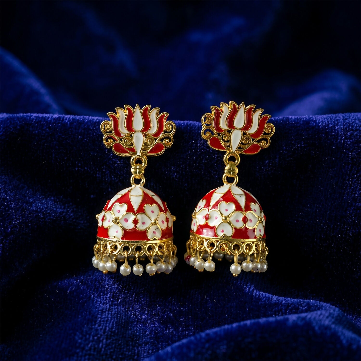Red Lotus Jhumka Earrings showcasing pearl hanging beads
