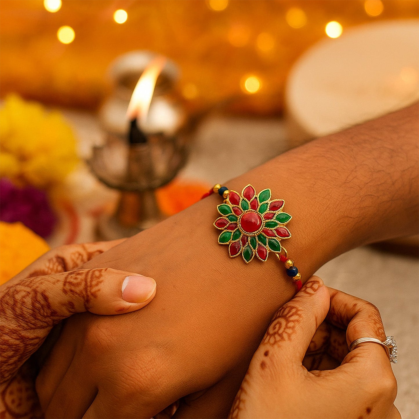 Floral Stone Rakhi Set with Choco Magic, Pack of 3