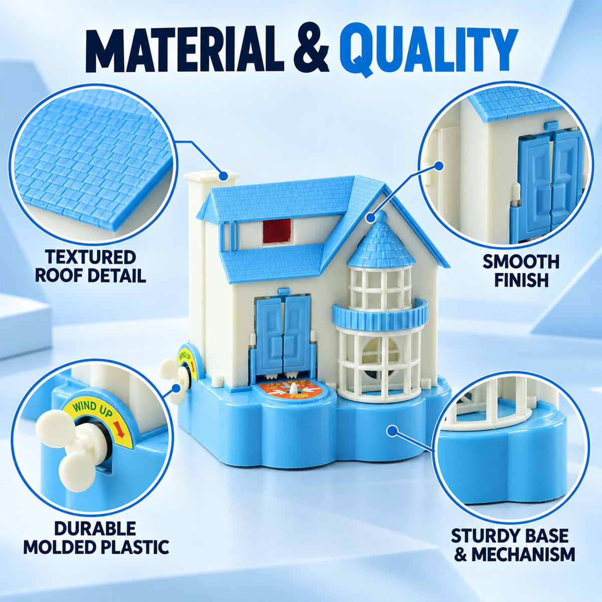 Detailed view of the blue and white house bank highlighting its textured roof, smooth finish, durable plastic, and sturdy