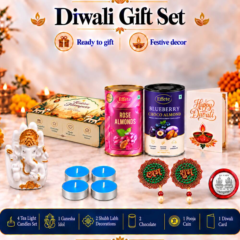 A complete Diwali gift set including a Ganesha idol, two tins of chocolate almonds, a greeting card, four blue tealight