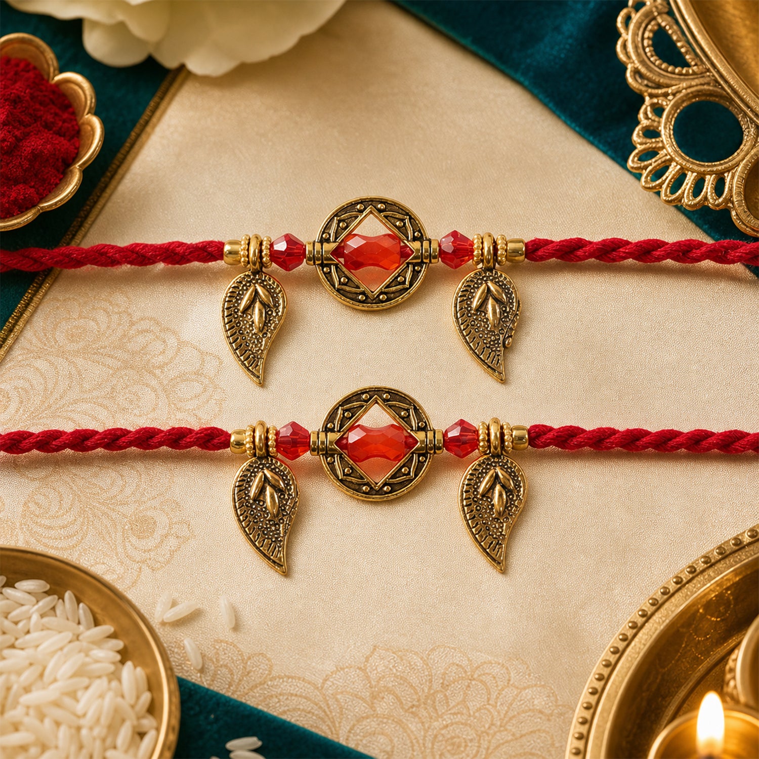 Couple Rakhi Set with Red Thread, Amber Stone, Leaf Charms and Gold Beads
