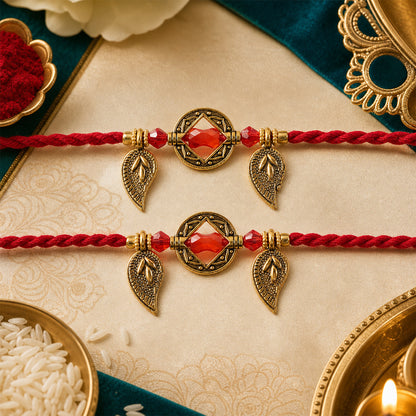 Couple Rakhi Set with Red Thread, Amber Stone, Leaf Charms and Gold Beads