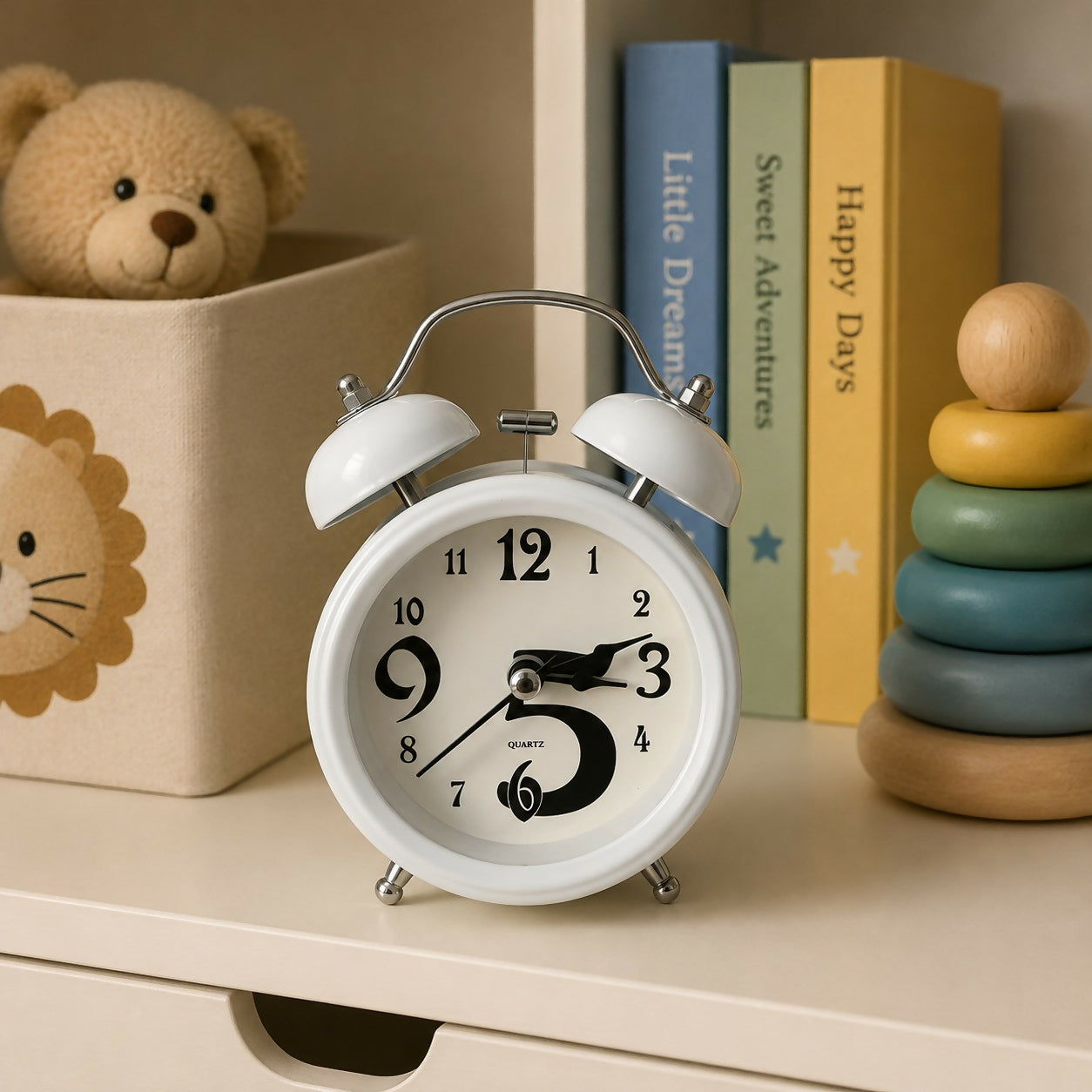 Vintage metal twin bell alarm clock showing side view