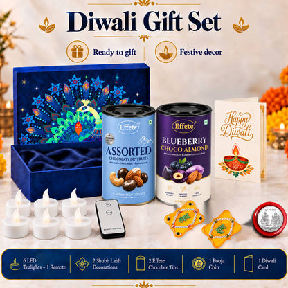 A Diwali gift set with a blue box, two chocolate tins, a card, six tealights, a remote, two yellow decorations, and a red