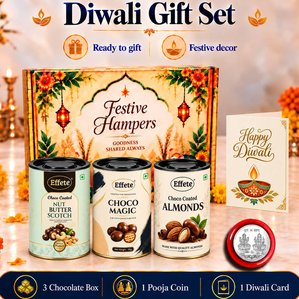 A Diwali gift set with three tins of chocolates, a silver coin, and a greeting card on a festive background.