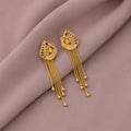 Gold Plated Leaf Cutout Dangle Earrings with Multi Chain Tassel Drop Design
