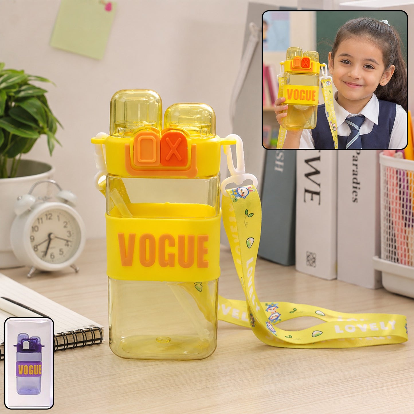 Girls Dual Compartment Plastic Water Bottle Leakproof Carry Strap (1 Pc)