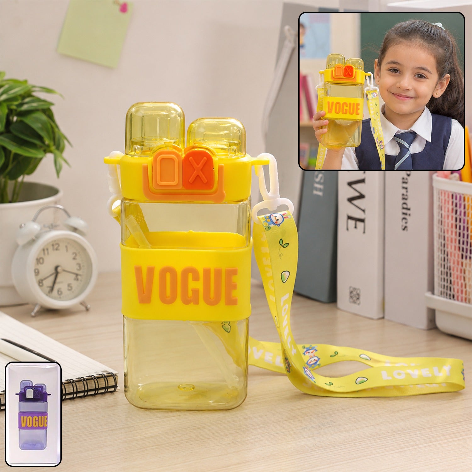 Girls Dual Compartment Plastic Water Bottle Leakproof Carry Strap (1 Pc)
