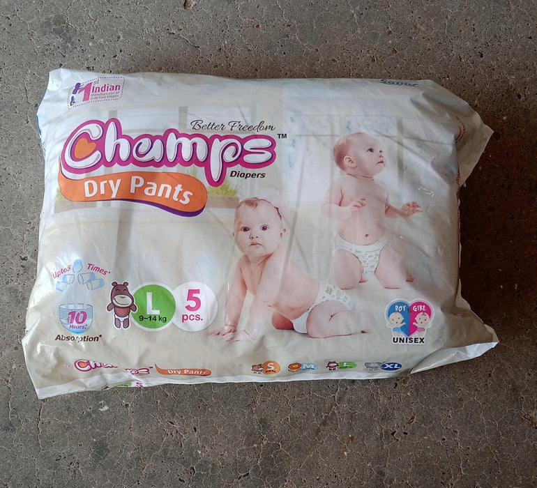 Champs Small Baby Large Diaper Pants (5 Pcs): Ultra-Absorbent for Travel