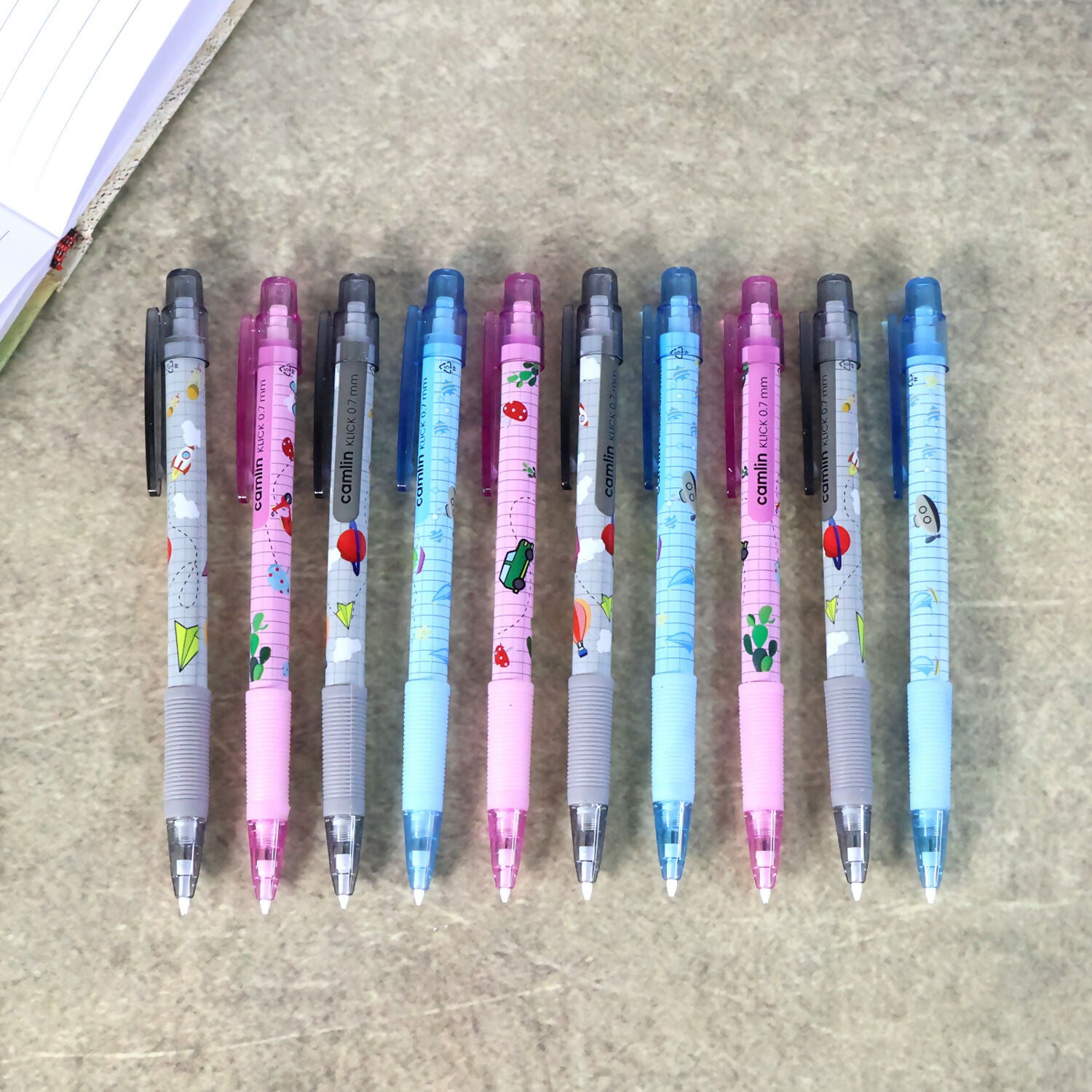 Camlin Klick Mechanical Pencil 0.7 mm – Assorted Cartoon Design, Smooth Writing Pencils with Comfortable Grip – Pack of 10