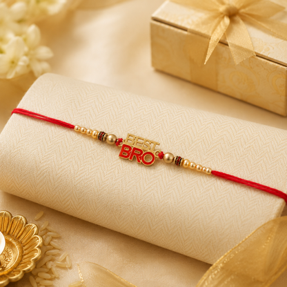 Best Bro Text Rakhi with Gold Letters and Neat Pearl Beads