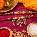 Floral Rose Lumba Couple Rakhi Set with Peach and Wooden Beads for Bhaiya Bhabhi