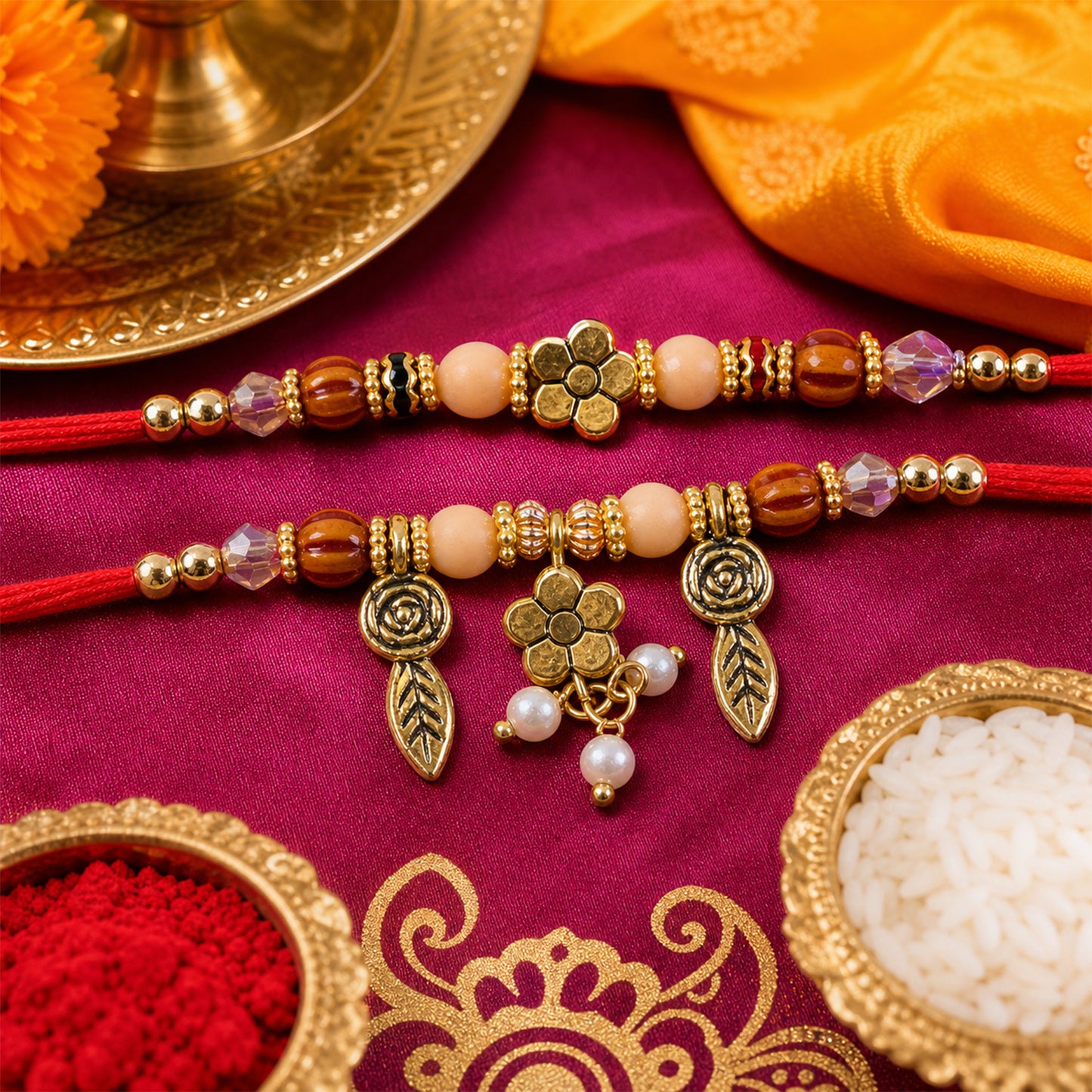 Floral Rose Lumba Couple Rakhi Set with Peach and Wooden Beads for Bhaiya Bhabhi