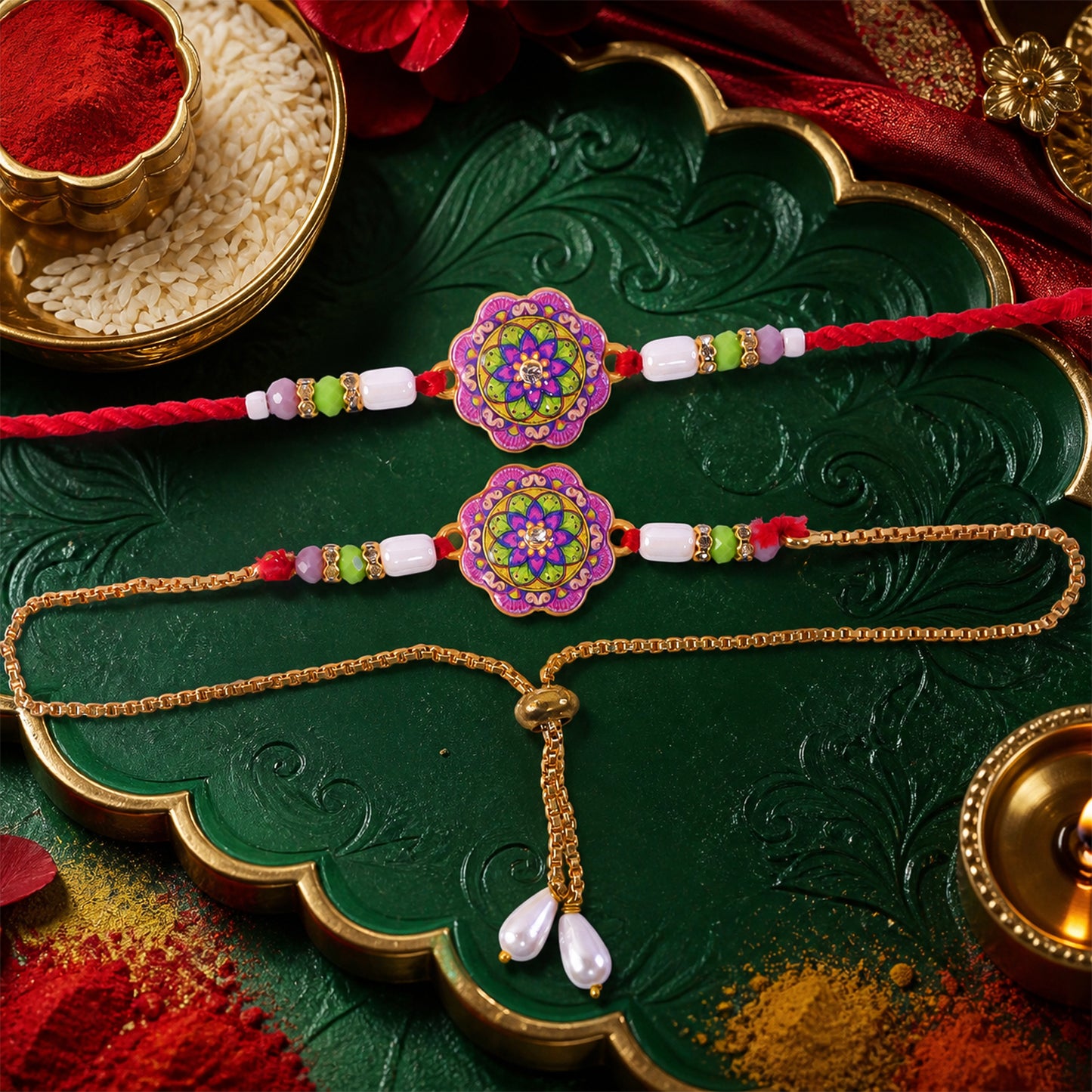 Floral Meenakari Bhai Bhabhi Lumba Rakhi with Pearl Hanging Pair