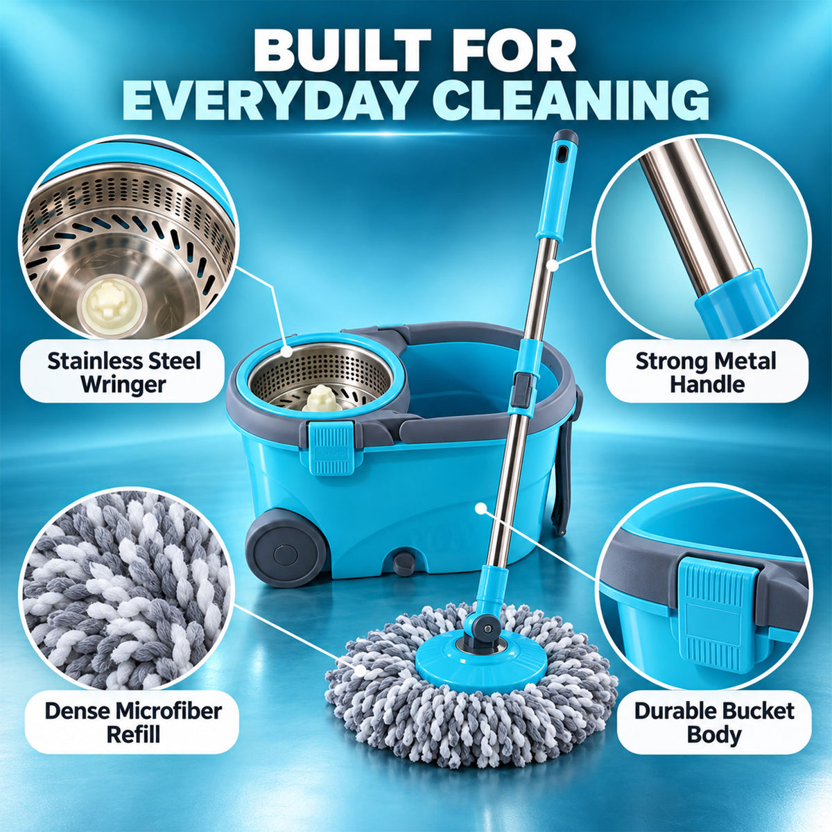 Spin Mop Bucket Set with Steel Wringer, Wheels and 2 Microfiber Refills