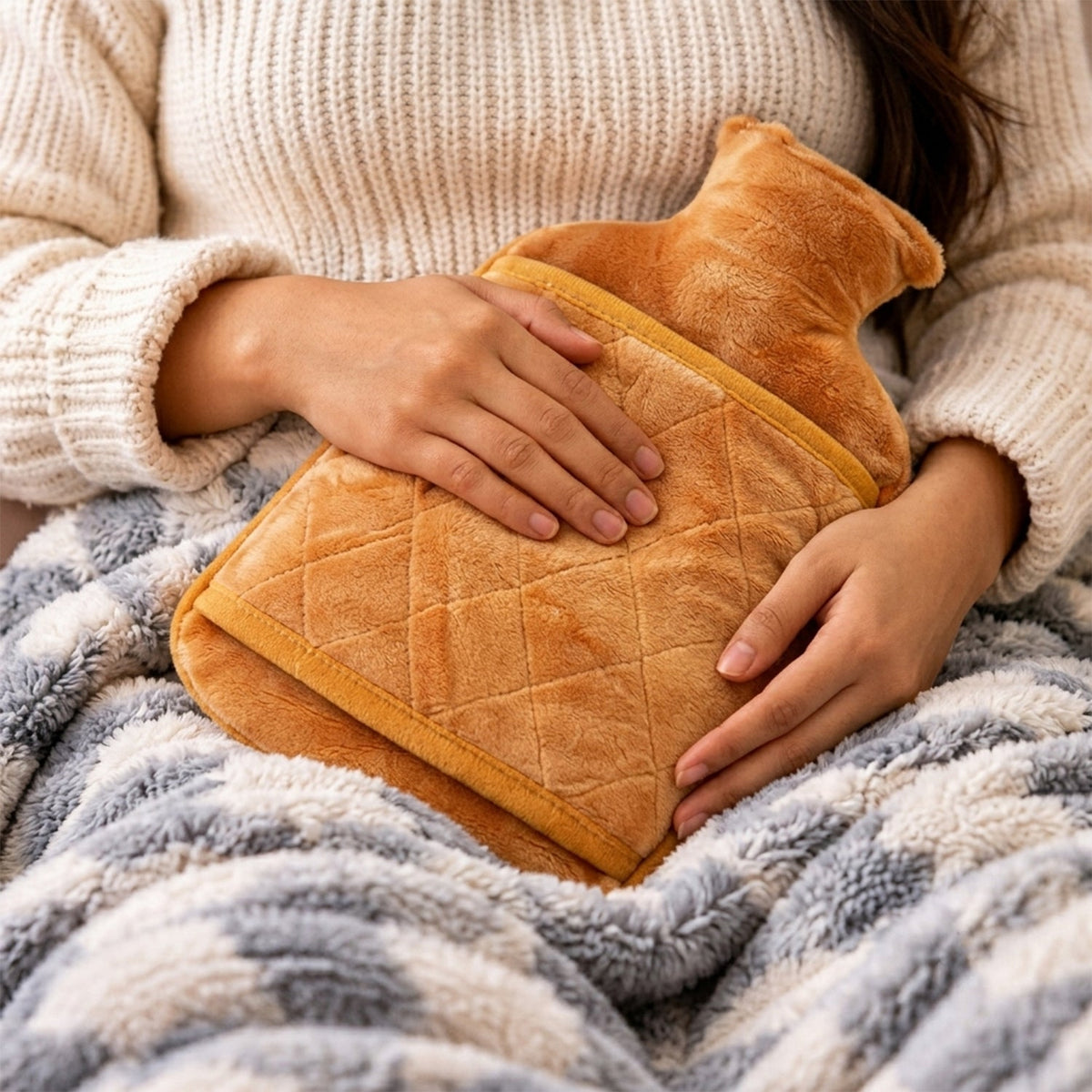 A person in a cream sweater holds a soft, quilted, orange hot water bottle on a grey and white blanket.